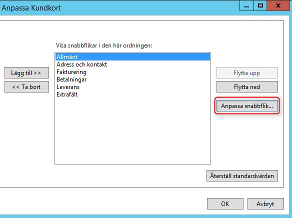 Du kommer nu in i fönstret där de fält som finns tillgängliga för fliken presenteras. I kolumnen Tillgängliga fält ser man dem som är dolda och i kolumnen Fält som visas kan man se de som är synliga.