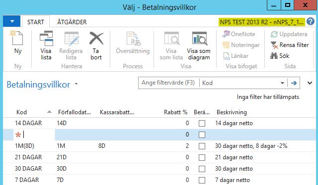 En ny rad skapas automatiskt och den är märkt med en röd stjärna i fältet Kod. Ange den kod du vill ha för det nya betalningsvillkoret och fyll sedan i de övriga fälten. Tryck på OK när du är klar.