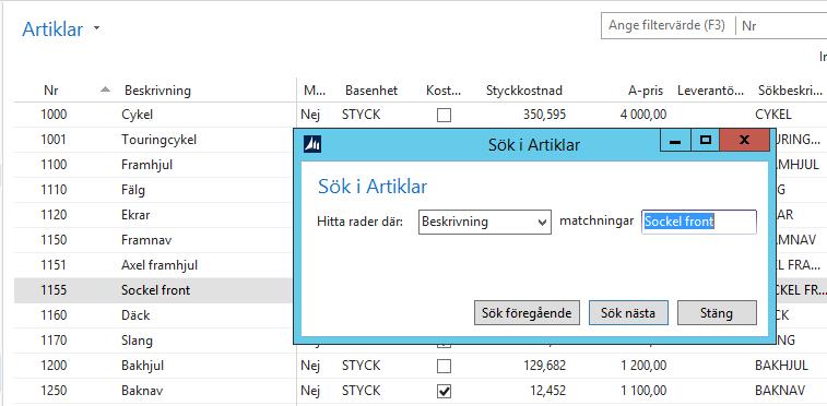 4. Söka i listor Sökningen fungerar likadant i alla listor i systemet. Här använder vi artikellistan som ett exempel.