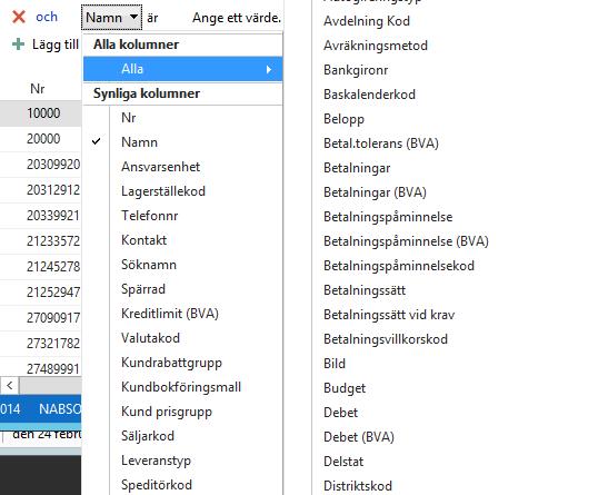 När du klickar på pilen visas en lista med de kolumner som är synliga i listan. Genom att gå till alternativet Alla hittar du alla fält för kunder som du kan använda för att sätta filter.