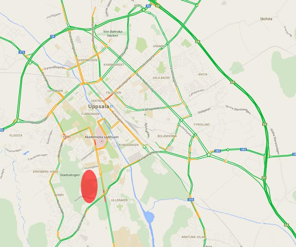 2 ÖVERGRIPANDE STRUKTUR - ROSENDAL I UPPSALA 2.1 Motortrafik Kring Uppsala skapar väg 55, E4an och väg 282 en halv ringlinje.