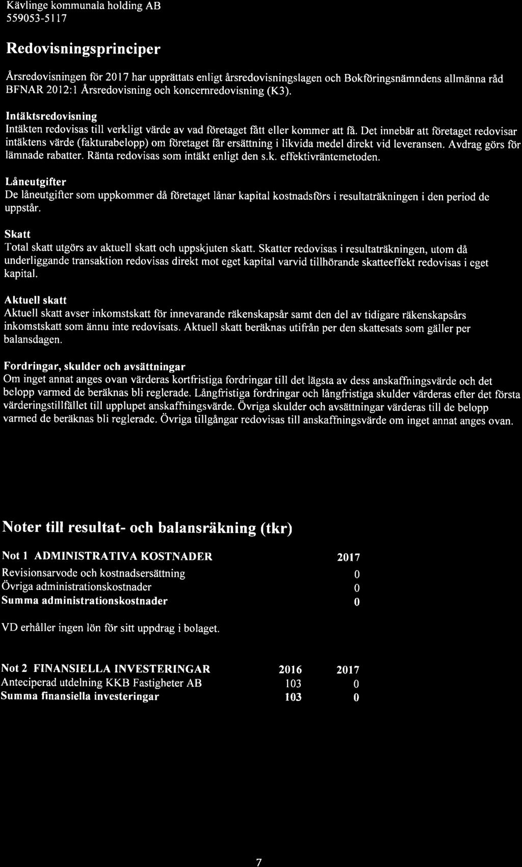 55953-5 I 17 Redovisningsprinciper Årsredovisningen for 217 har upprättats enligt årsredovisningslagen och Bokfiiringsnämndens allmänna råd BFNAR 212:l Årsredovisning och koncernredovisning (K3).