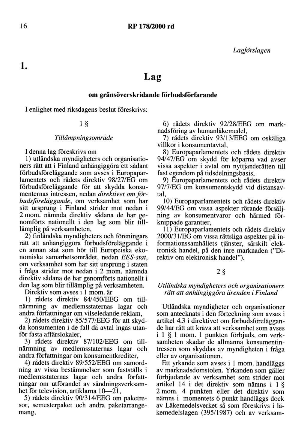 16 RP 178/2000 rd Lagförslagen l.