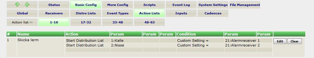 För att styra vilken mottagare som ska få larm används variabeln 'Custom setting' 21 Exempel; (När mottagare 1 är valjs på panelen så sätts custom setting variabel 21 till värdet '1',