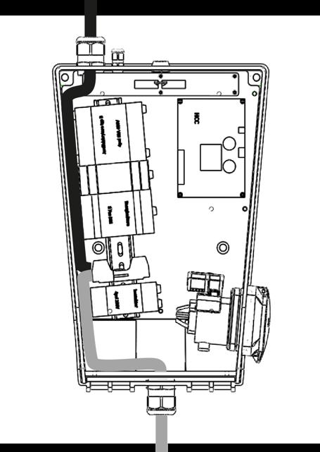 EVA Installations-och användarmanual Sida 6 Kabeldragning inuti EVA till kraftkontakten från toppen ska följa den svarta linjen i bilden medan kabeldragning från botten ska följa den gråa linjen i