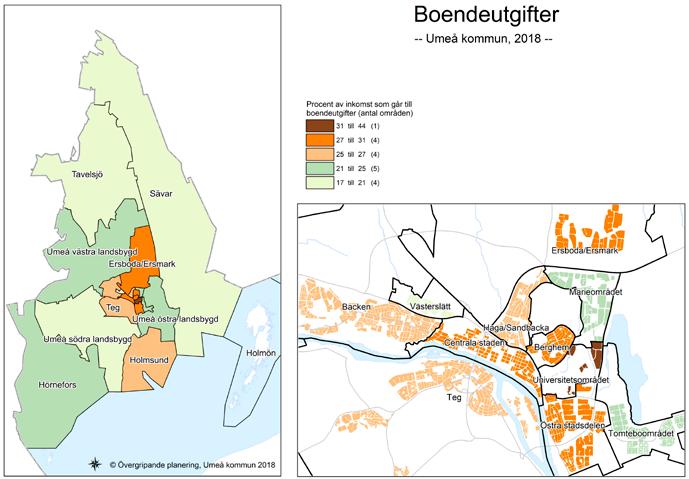 Kartbild. Boendeutgiftsprocent per stadsdel. Data från enkätundersökning, Umeå kommun.