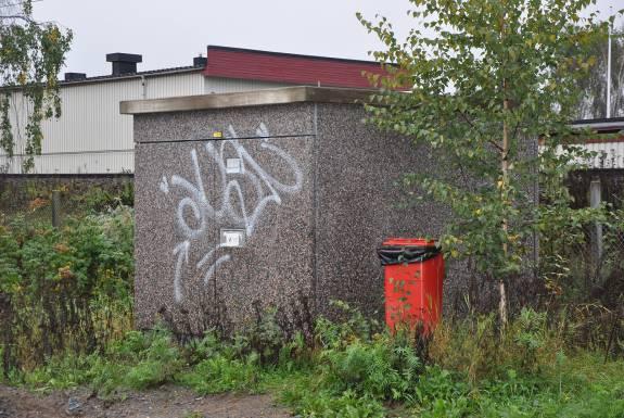 Parkområdets nordöstra hörn mot järnväg Klotter på