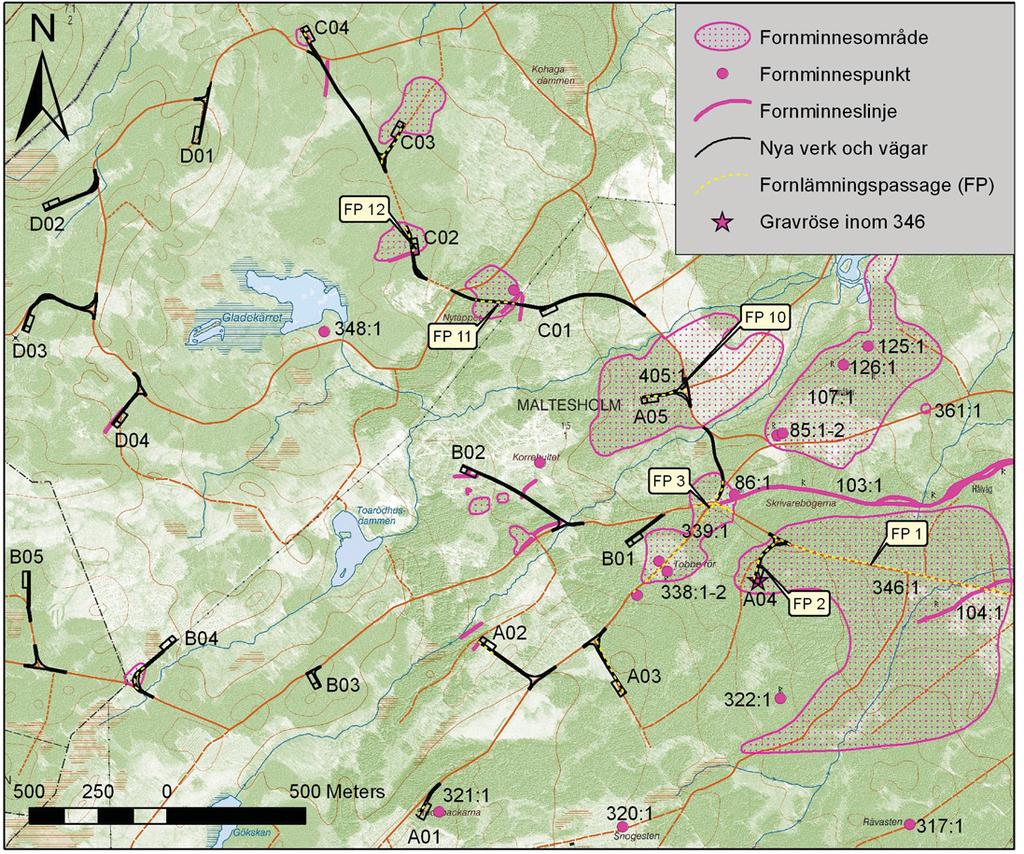 Mellan de fossila åkerområdena fornlämning nr 107 och nr 346 finns hålvägen nr 103 och en möjlig gravhög nr 361. Inom fornlämning nr 346 finns hålvägen nr 104.