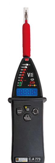 ..300 A Impedans, resistans, diod, kapacitans Kontinuitetsprov med summer Utbytbara prober Spänningsprovare CA 771-773 1000 V kat IV 1 1000 V AC /1400 V DC Bandbredd 16 800 Hz 65 & användning