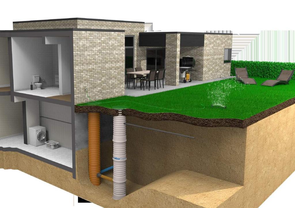 5 PE infiltrationsanläggning med Ø600 rotationsgjuten pumpbrunn för avskiljt svartvatten. Ø425 x 4000 mm.