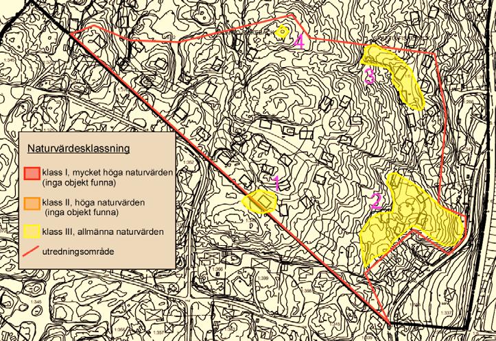 Områden med naturvärden Naturvärdesinventering resulterade i fyra naturvärdesobjekt inom utredningsområdet (figur 2).