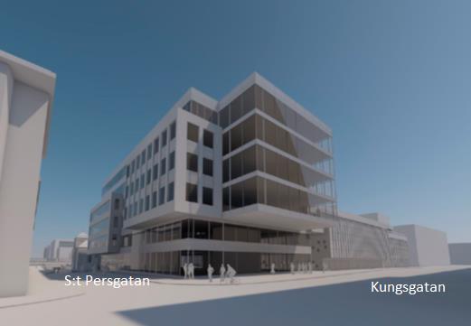 Bild 1 Flygfoto över området. Vitt markerar planerad tillbyggnad.. Verksamhetsbeskrivning Tillbyggnaden kommer i huvudsak att användas för kontorsverksamhet.
