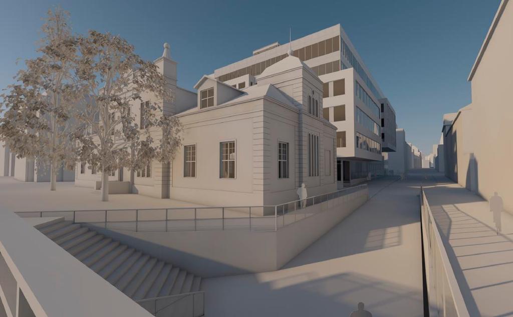 Gamla tingshuset består av våningsplan med fasad i obrännbart material. Ett flertal fönster vetter mot järnvägen. Figur. Illustration av Tiunda tingshus placerad framför planerad tillbyggnation.