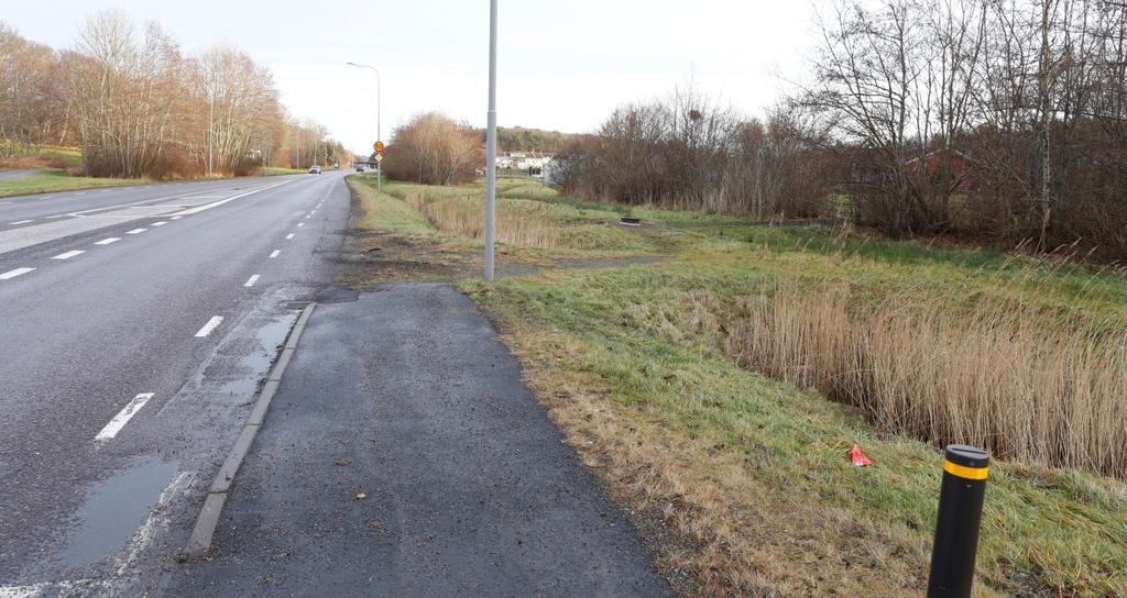 Figur 6.4 Platsen för föreslagen åtgärd GC13, hållplats Änghagen (södra sidan av Kongahällavägen). En upptrampad genare stig/koppling syns från asfaltskanten och mot höger i bilden. GC14.