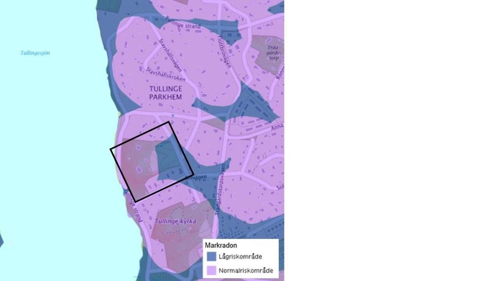 Figur 3-2-2 karta hämtad från Botkyrka kommun (2017), aktuellt område är markerat med en svart ruta. 6 Genomförande Radonundersökningen utfördes 2/11 och 6/11 2017 av Josefine Johansson, Geosigma.