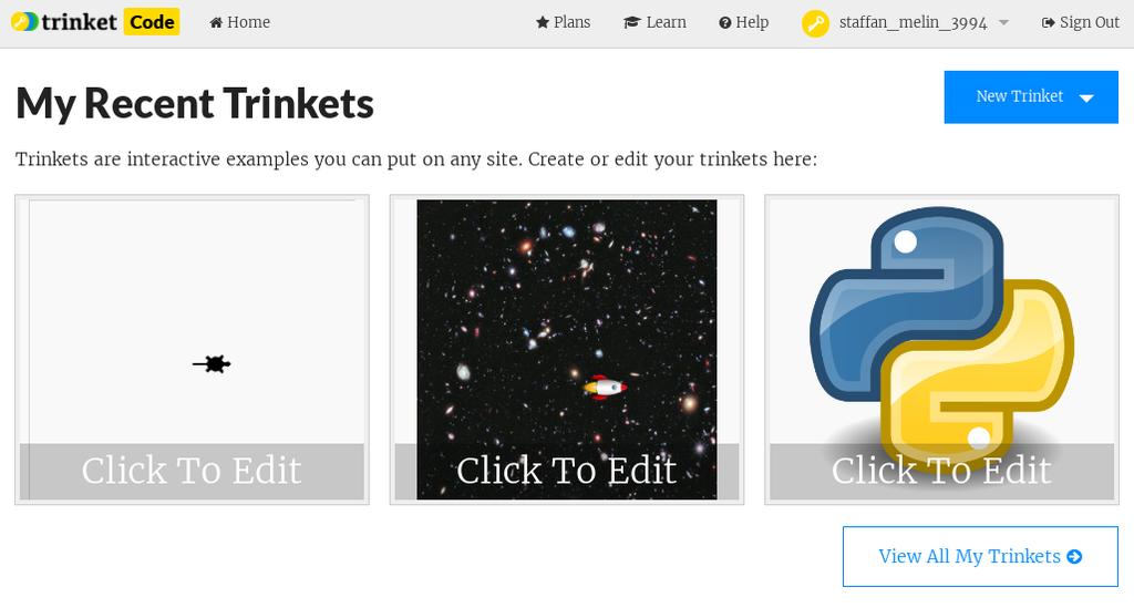 14.1. Ett exempel: Trinket.io Jag fastnade för trinket.io eftersom eleverna på min skola har ipad. Redovisning sker genom att de kopierar sin kod i delade dokument eller tar skärmdumpar.