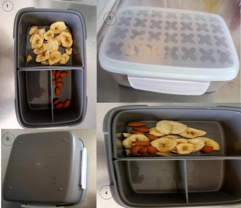 Snacks har placerats i facken. Steg 2. Locket sätts på. Steg 3. Lådan vänds ett varv 360. Steg 4.