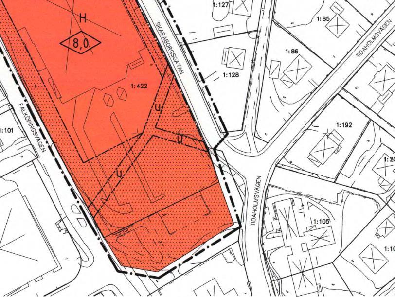 Utdrag ur gällande detaljplan, antagen 1994 med del av planbestämmelser som visar användningsområden.
