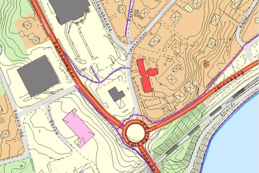 Gång- och cykelvägar (lila linjer) löper genom planområdet.