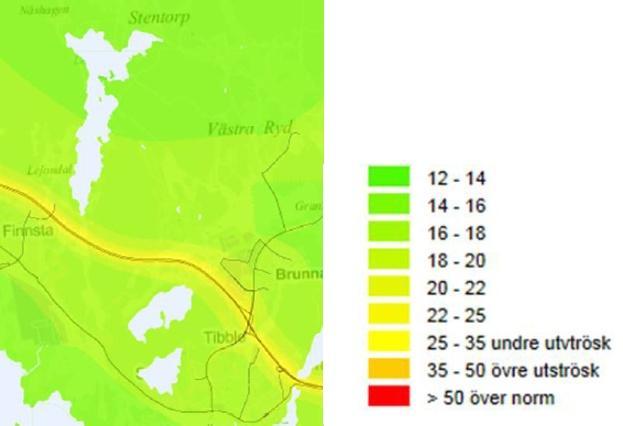 Figur 6 Beräknade halter av PM10 som 90-percentil dygn. MKN = 50 µg/m 3. Halterna i området Rankhus är ca 18 22 µg/m 3. 2.5 BAKGRUNDSHALTER Beräkningarna redovisade ovan i kap 2.
