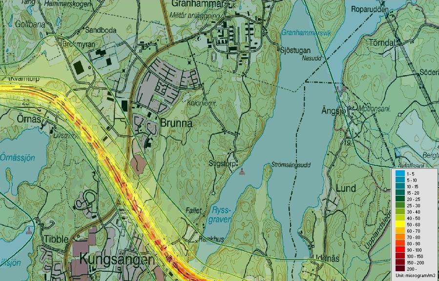 Figur 12 Beräknade halter av PM10 som 90-percentil dygn för år 2015. Närmast E18 återfinns halter i nivån 50 µg/m 3 (observera att skalan är annorlunda än Figur 11).