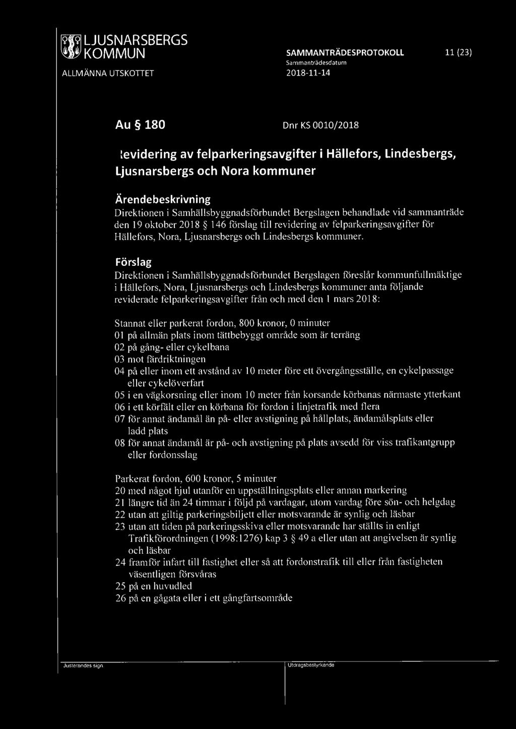 ~ LJUSNARSBERGS ~ KOMMUN SAMMANTRÄDESPROTOKOLL 11 (23) Au 180 Dnr KS 0010/2018 Revidering av felparkeringsavgifter i Hällefors, Lindesbergs, Ljusnarsbergs och Nora kommuner Direktionen i
