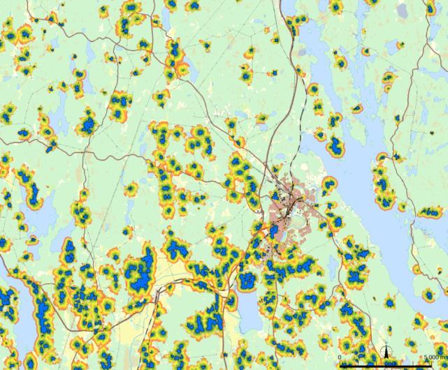Analysen visar att det finns en hel del mindre nätverk med relativt goda förutsättningar för utbyte av individer mellan enskilda fragment av livsmiljön.