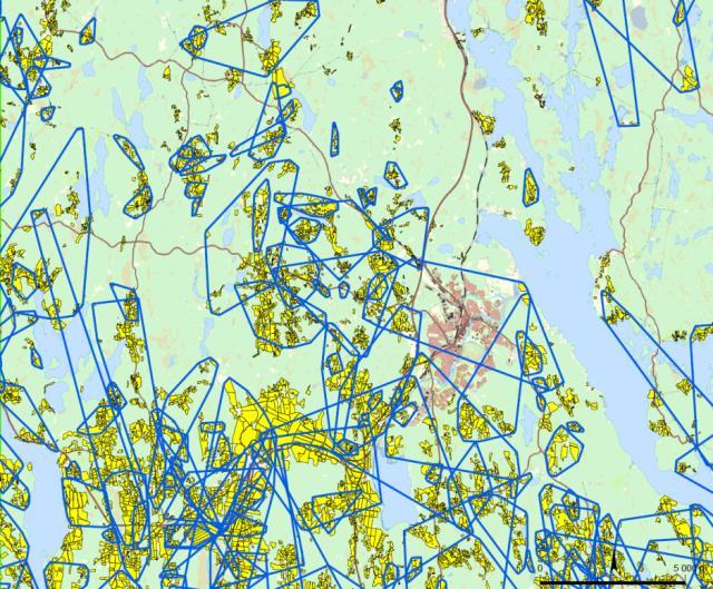 Figurerna nedan visar hur utsträckningen för de relativt mer sammanhållna jordbruken ser ut för samtliga brukningsslag respektive för endast betesdrift.