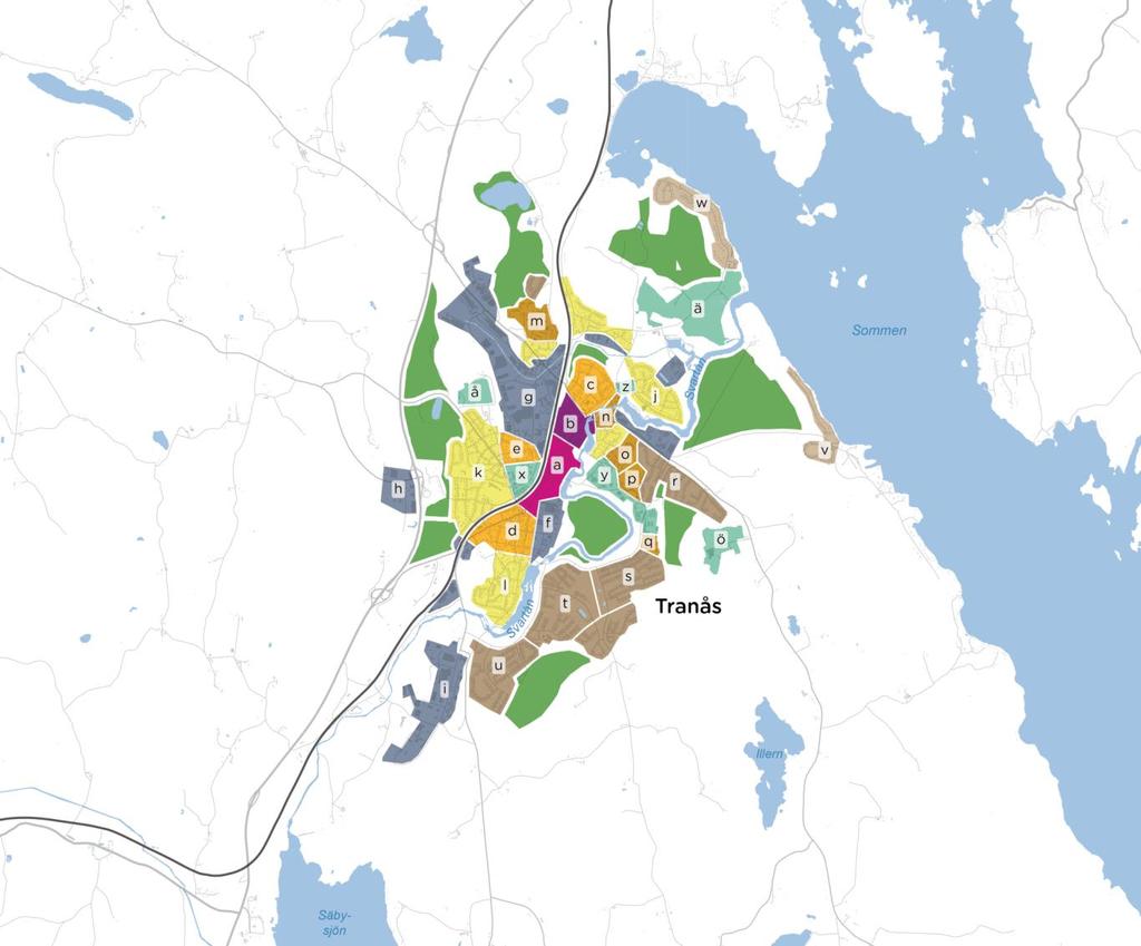 4.2.3 Kvarterstypologi Centralt i Tranås ligger Storgatan med småskalig handel, hotell och andra verksamheter på gatuplan, med bostäder i en eller två våningar ovanpå (området a på kartan till höger).