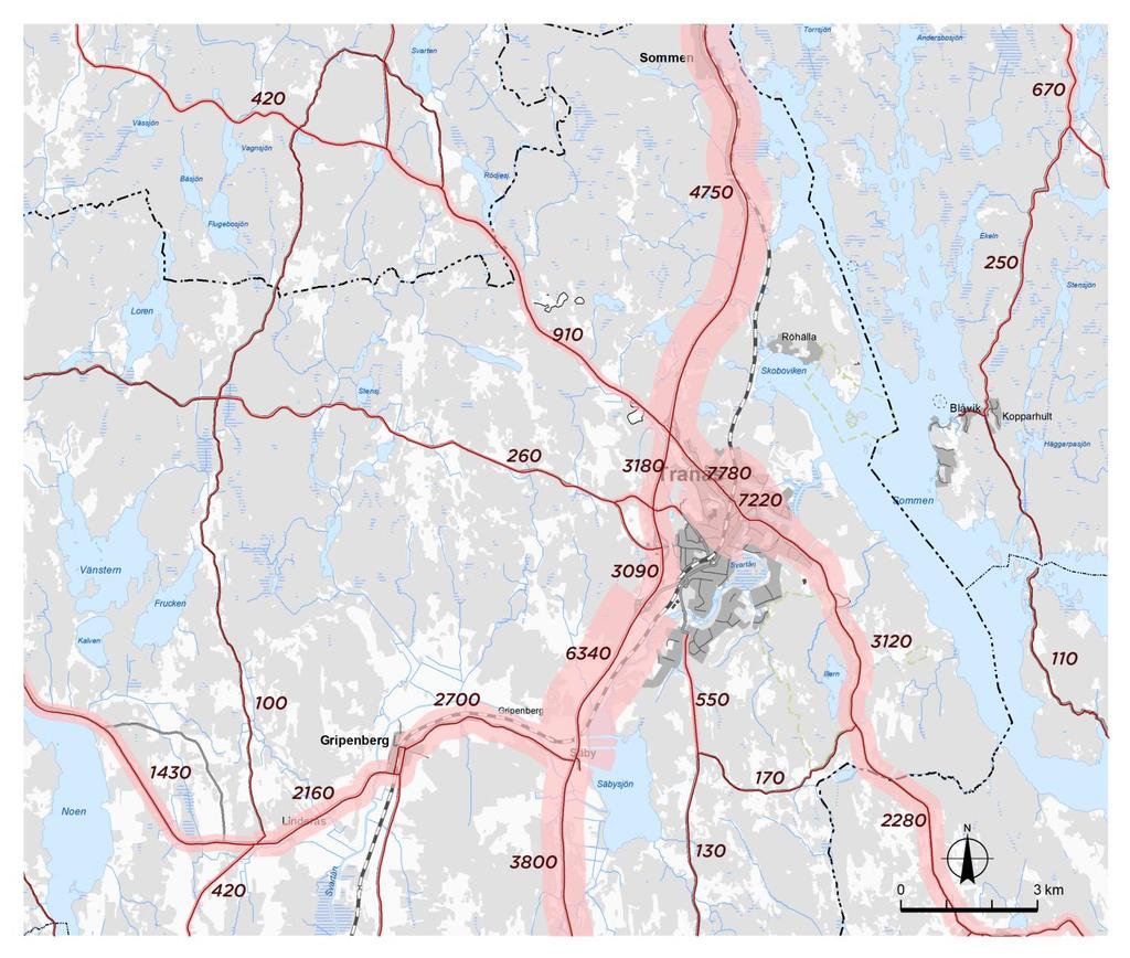 4.2.6 Trafik, bilinnehav och resande Väg 32 korsar Tranås kommun i nord-sydlig riktning, och är en viktig väg för pendlare med bil till och från Tranås stad.