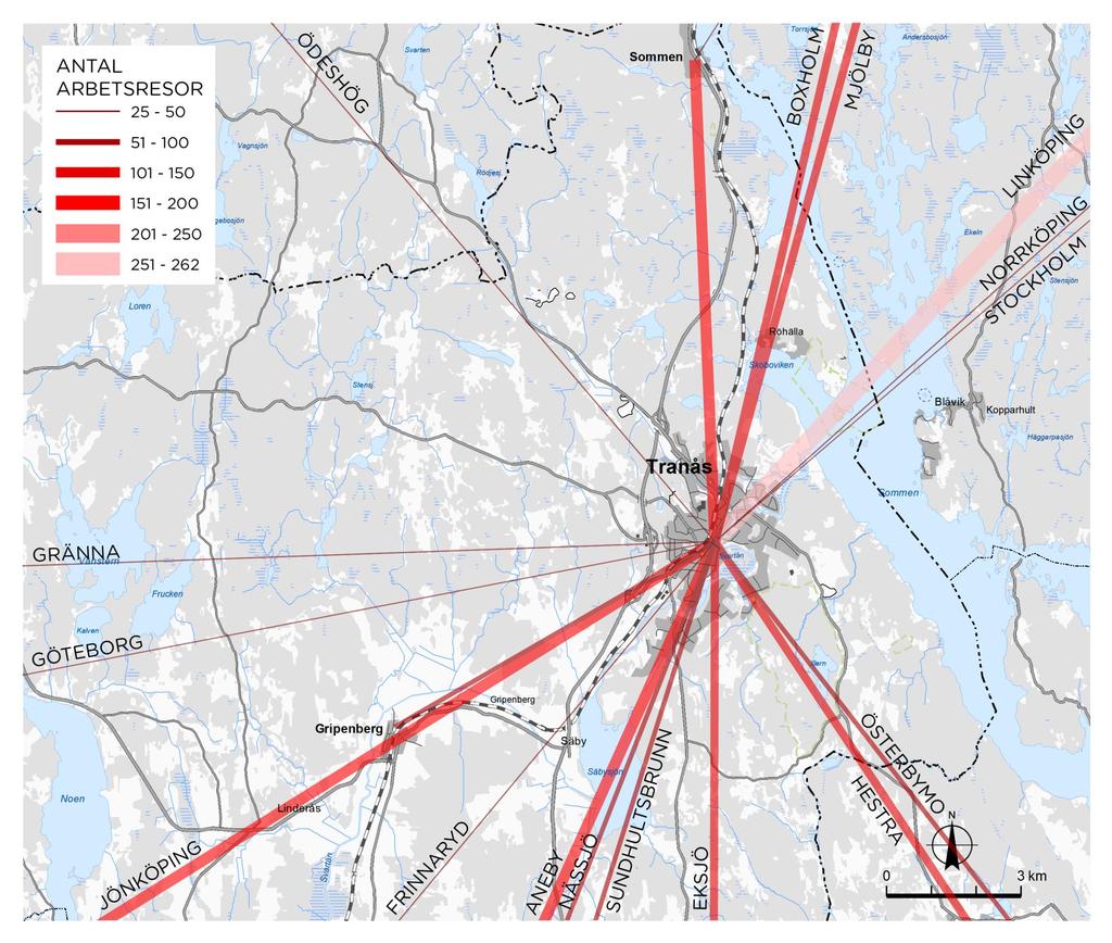 De största utpendlingsflödena från Tranås tätort går till Linköping (ca 160 personer). Vidare sker betydande utpendling till Aneby, Eksjö och Jönköping med ca 100 utpendlare var.