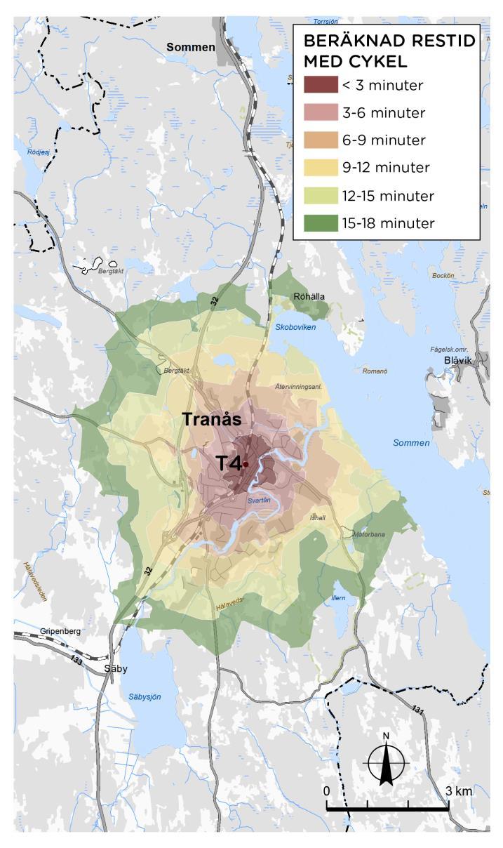 Figur 79. Beräknad tillgänglighet med cykel till möjligt stationsläge inom stationsprincip T4. Nåbarhet beräknad med antagen hastighet om 18 km/h.