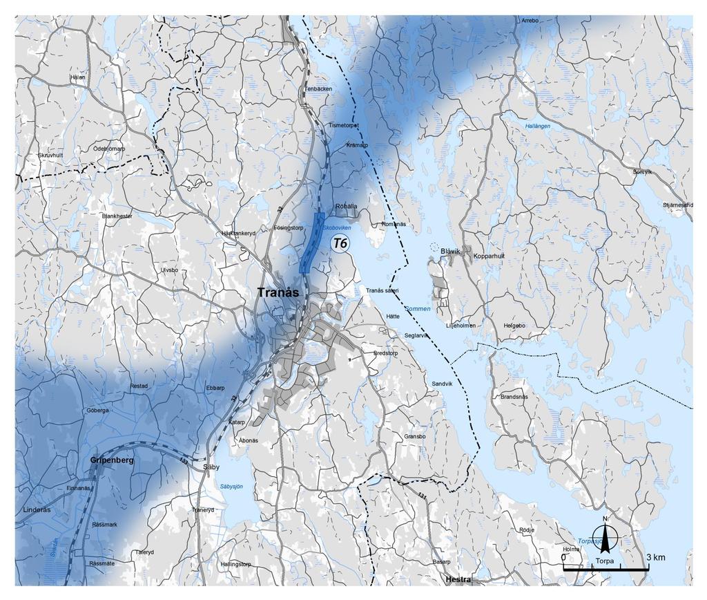 7.4 Stationsalternativ T6, Perifer station norr om Tranås Stationsprincip T6 är ett av de alternativ som studeras vidare efter urval steg 1.