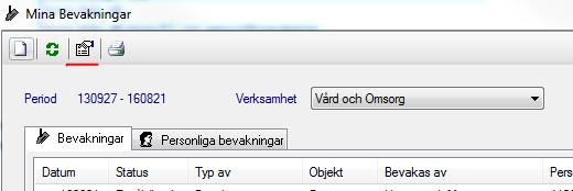 Egna inställningar 1. Klicka på knappen Inställningar i verktygsraden. 2. Nu kan du välja vilken handläggares bevakningar som ska visas ( Visa endast handläggarens bevakningar ).