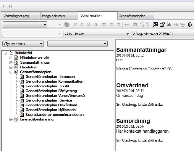 1. Gå till Utredning/Verkställighet och sök upp en person. 2. Gå in i verkställigheten och välj fliken Dokumentation. 3. Du ser de rubriker som är aktuella för din verksamhet.