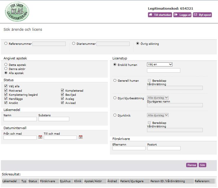 2.1 Startsida för apotek Det finns tre olika sökvägar där du kan söka på antingen referensnummer, diarienummer eller på en specifik licenstyp (övrig sökning).