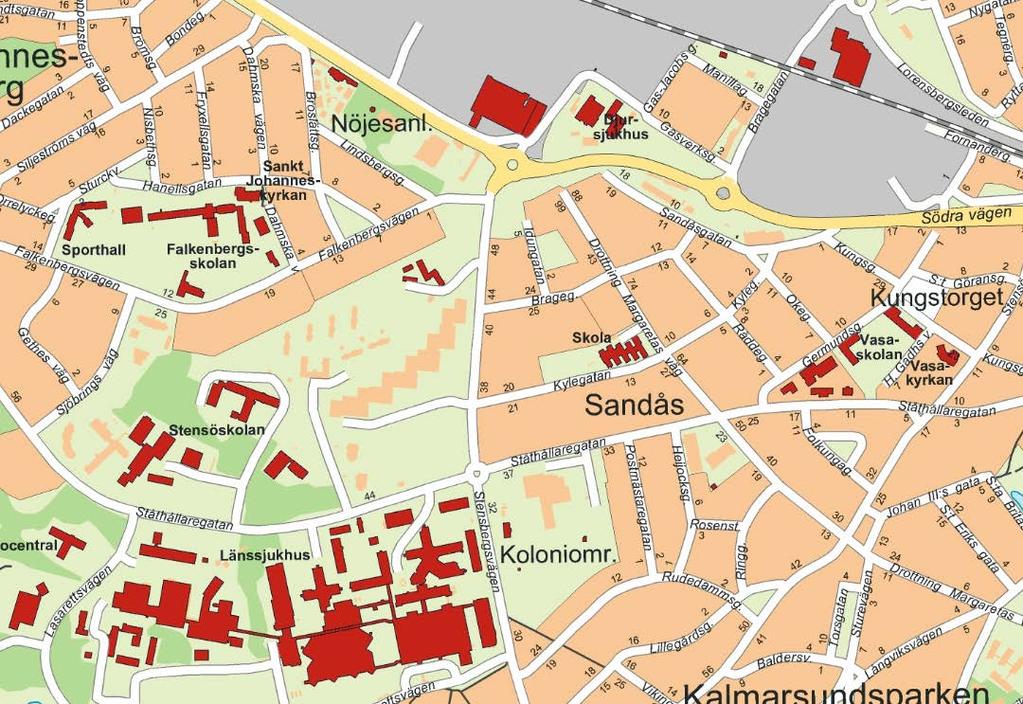 Figur 1. Undersökningsområdets lokalisering i Kalmar. Aktuellt undersökningsområde är markerat med röd cirkel. Lantmäteriet Dnr: R50046490_160001 2.