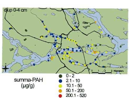 Även polyaromatiska kolväten uppvisar höga halter i Saltsjön och avtagande utåt skärgården (Fig. 13). Östlund et al.