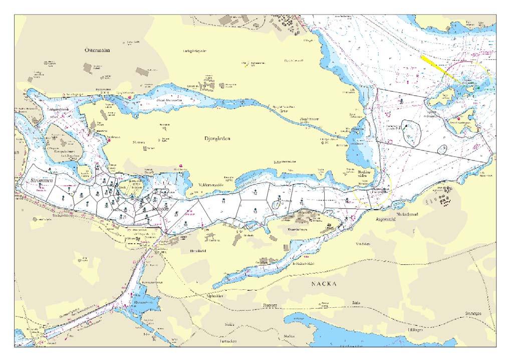 Figur 28. Ackumulationsbottenarean (djup > 12,5 m) i undersökningsområdet och redovisning av vilka areor de olika sedimentproverna representerar.