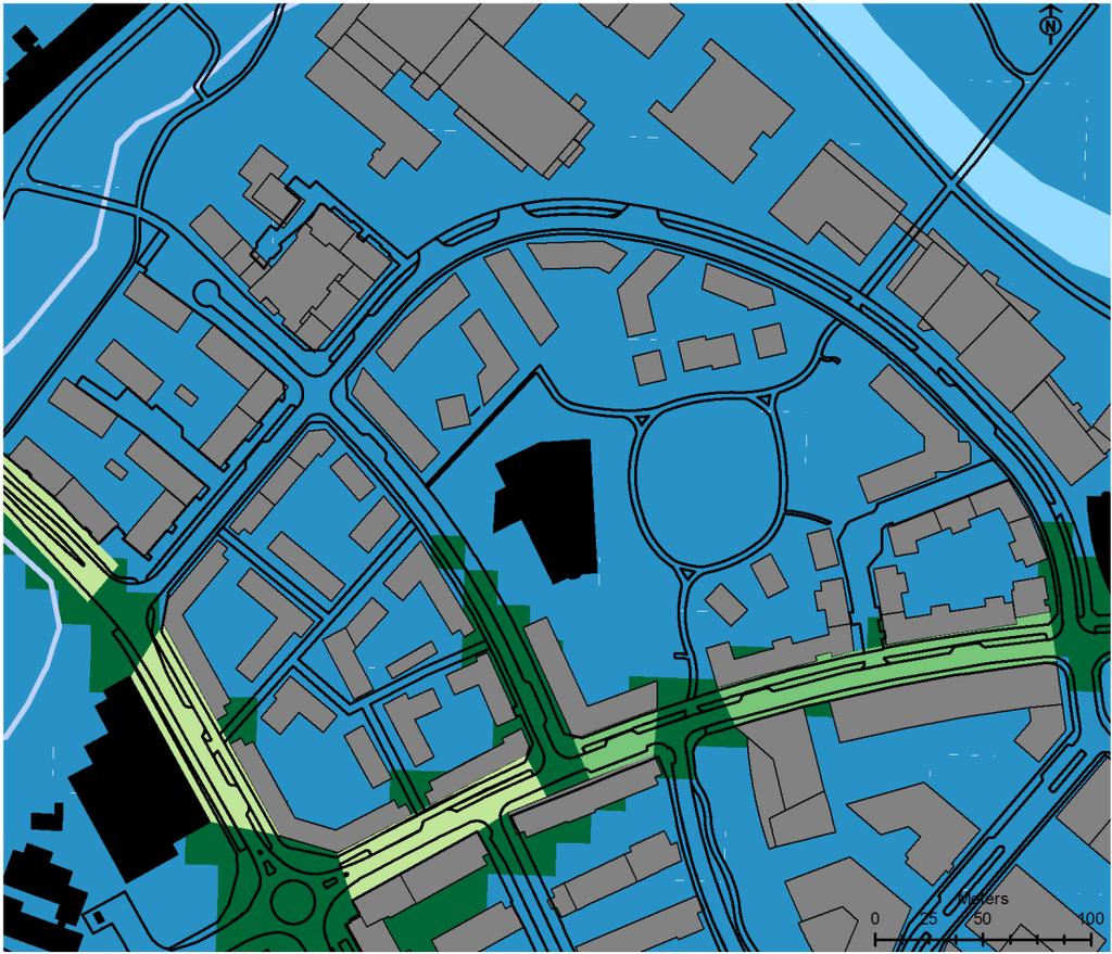 NO 2 dygnsmedelvärden Figur 10 visar dygnsmedelvärden av NO 2 efter utbyggnaden år 2030. Miljökvalitetsnormen för dygnsmedelvärden, 60 µg/m³, klaras i hela området.