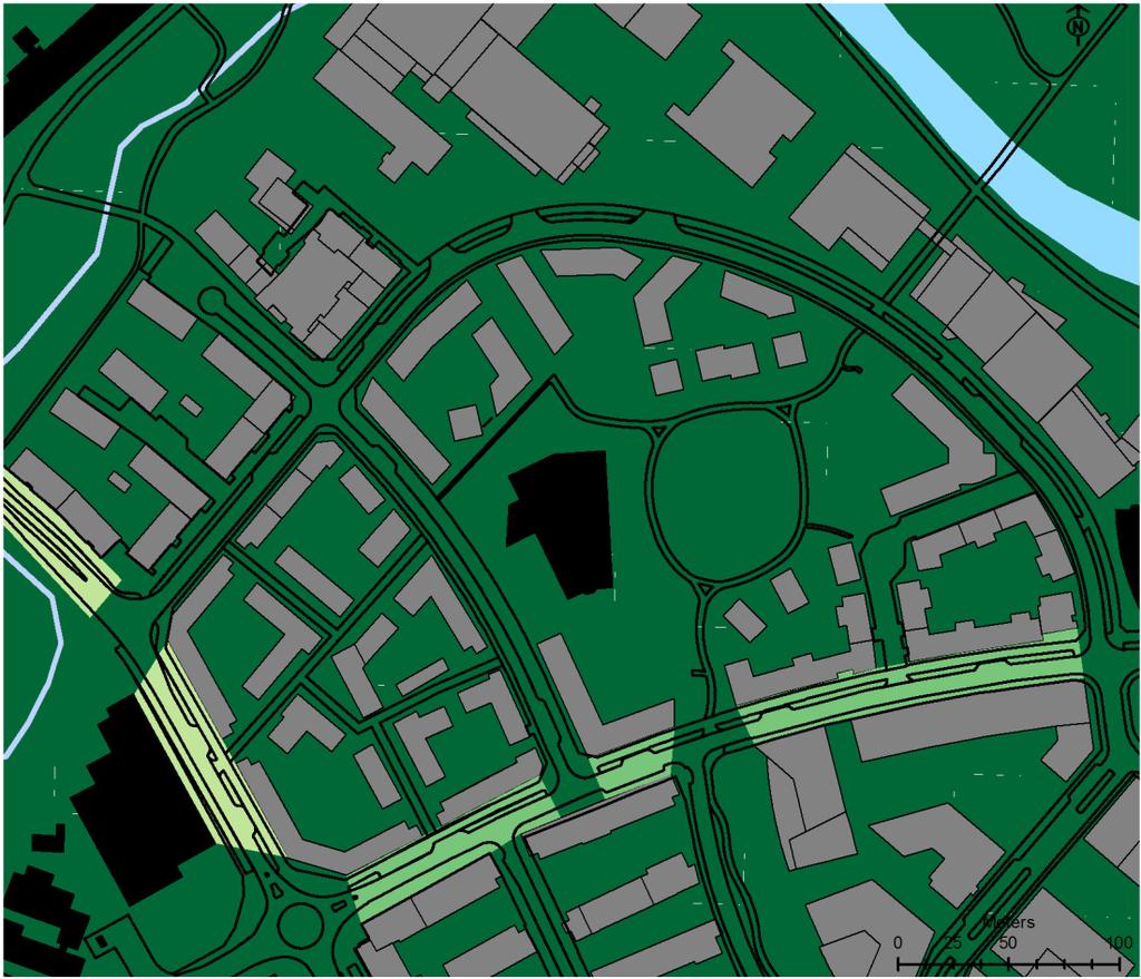 NO 2 timmedelvärden Figur 11 visar timmedelvärden av NO 2 efter utbyggnaden år 2030. Miljökvalitetsnormen, 90 µg/m³, och miljömålet, 60 µg/m³, klaras i hela området.