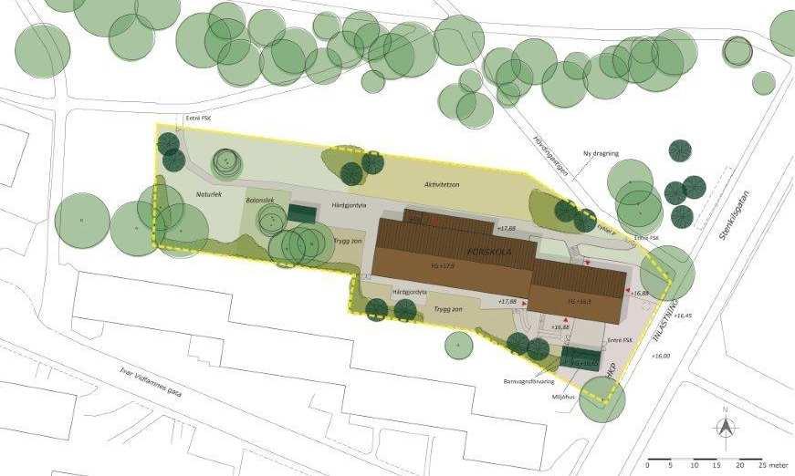 SID 7 (13) som uterum för verksamheten. Tak på uthus ska utformas som vegetationstak (sedumtak). Situationsplan, ny förskola (MAX arkitekter).