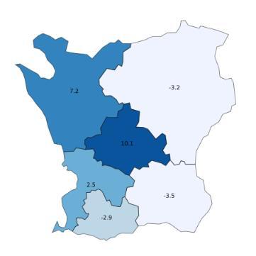 Även Stugby (+7,4 %), hotell (+3,4 %) och vandrarhem (+2,0 %) ökade, medan camping minskade marginellt. Fig. 6. Gästnätter per boendetyp i Skåne.