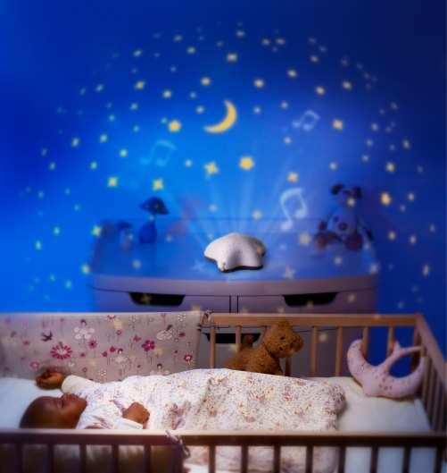 Dessutom kan den spela en lugn melodi, som hjälper barnet att somna tryggt. Pabobo Stjärnprojektor är en sladdlös, batteridriven nattlampa som lätt kan placeras var som helst i barnets rum.