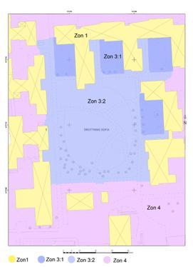 Analys av Barn och ungdomspsykiatrins gröna utemiljö Analys A: De fyra zonerna Figur 3: De 4 zonerna. Redigerad av Lovisa Fogelström. Originalkarta från Stadsbyggnadskontoret (2016) Ej skalenlig.