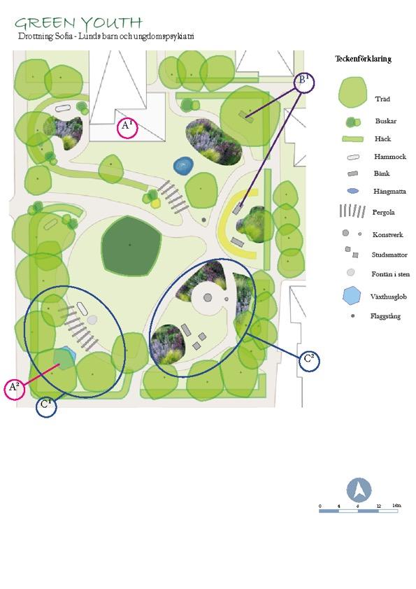 Målgruppens tre främsta behov i utemiljön är uppfyllda: A 1 och A 2 - trädgården har fått två olika platser i zon 2. Ett uterum (A 1 ) där terapi kan utövas, med grönskan precis intill.