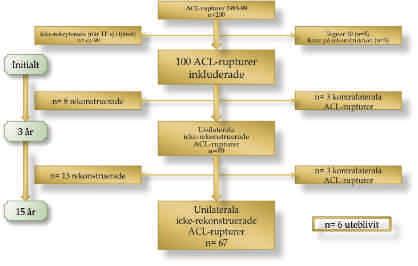Figur 1. Flödesschema från skada till 15-års uppföljning. hade ådragit sig en kontralateral ACLruptur. Flödesschema från skada till rekonstruktion presenteras i figur 1.