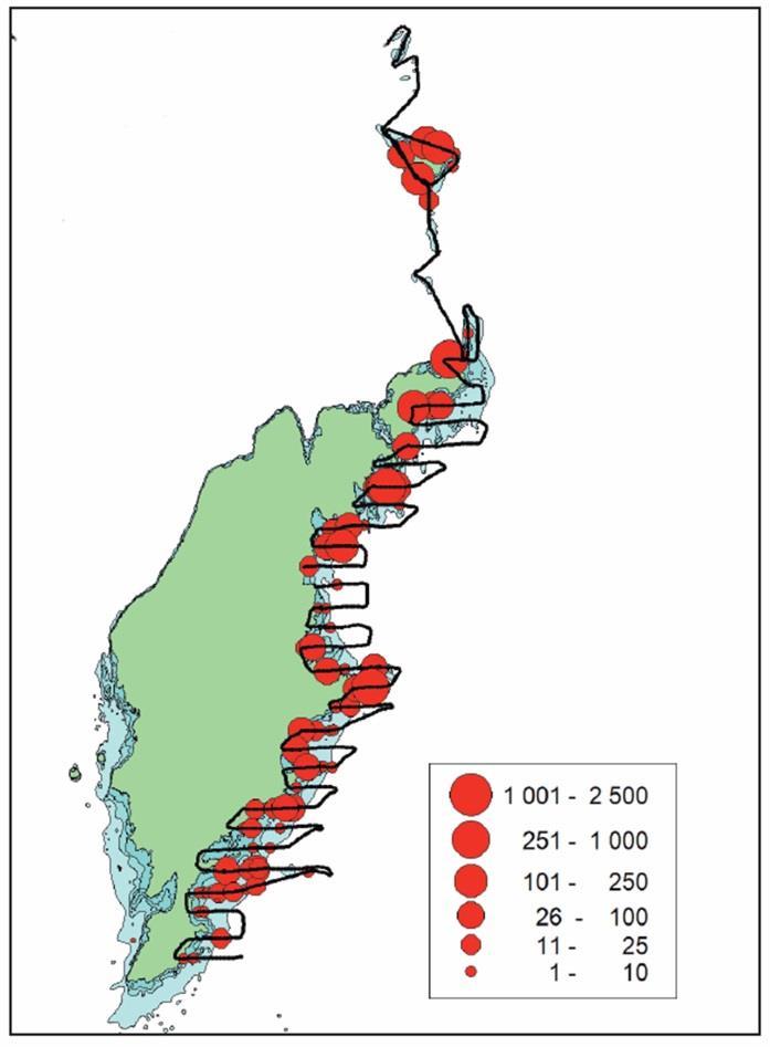 24 A B Figur 5. (A) Utbredning av rastande ejdrar längs Gotlands ostkust den 14 april 2010. Linjer anger flygrutter. Figur från Nilsson (2015).