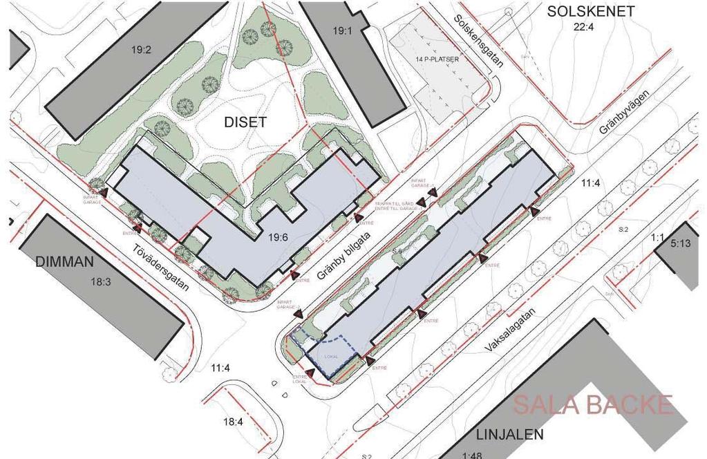 Bebyggelse och gestaltning Förutsättningar Det finns inga byggnader inom planområdet idag. Omgivande bebyggelse utgörs av flerbostadshus i 3-4,5 våningar.