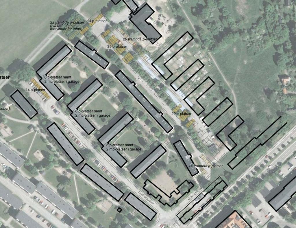 Detaljplanen möjliggör cirka 90 nya lägenheter (5200 m 2 boarea) Det ger upphov till ett behov på 47 parkeringsplatser för den tillkommande bebyggelsen enligt parkeringsnormen.